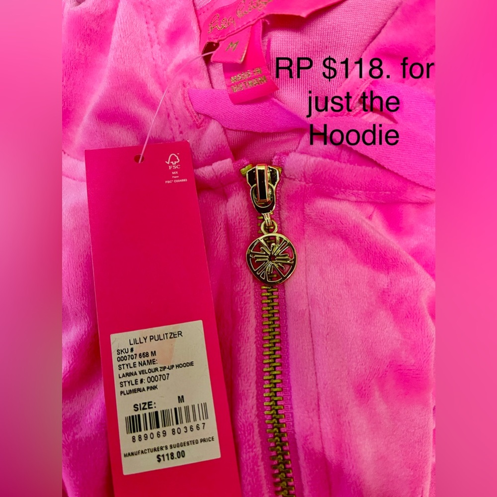 Lily Pulitzer Lounge Set Hoodie/Pants Sz M New w/tags Plumeria Pink Soft Velour - Picture 11 of 14